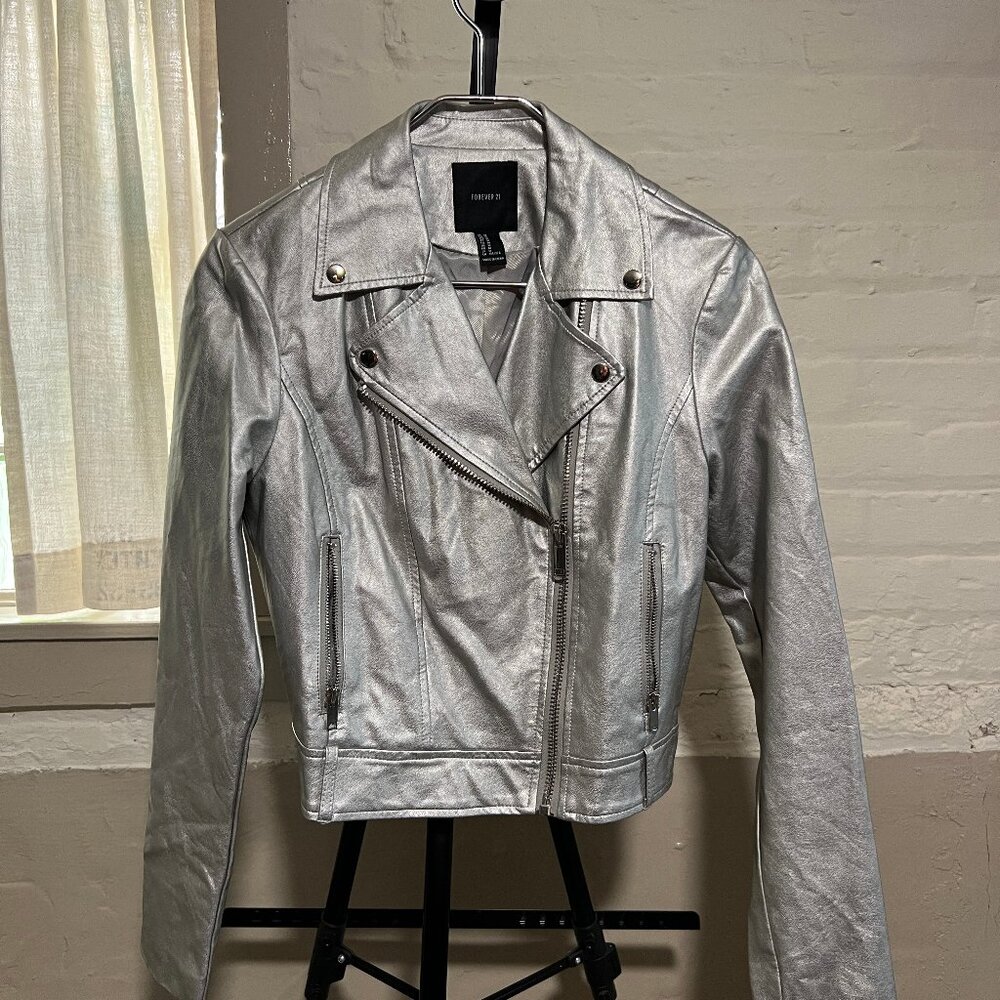 Fun Silver Faux Leather Motorcycle Jacket, M